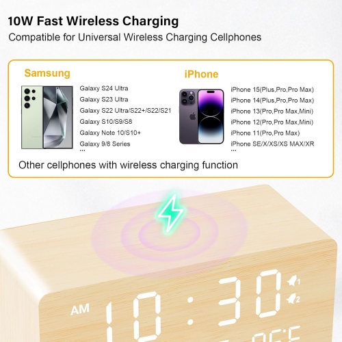 Réveille-matin numérique en bois avec chargement sans fil, gradateur de luminosité réglable et volume d'alarme, horloge DEL en bois pour chambre,
