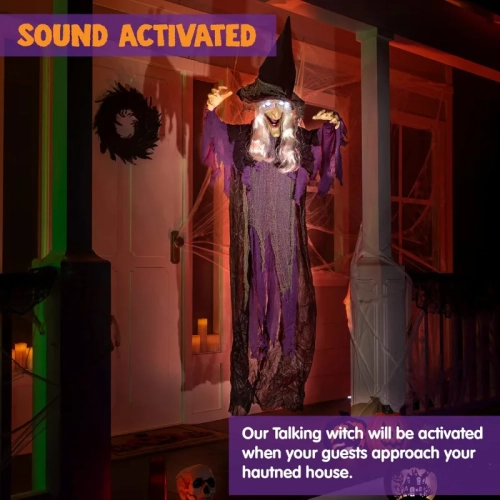 72” Hanging Flying Witch Animatronic – Talking, Sound-Activated with Light-Up Eyes, Halloween Decor for Indoor & Outdoor