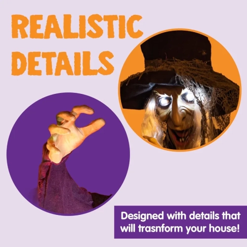 72” Hanging Flying Witch Animatronic – Talking, Sound-Activated with Light-Up Eyes, Halloween Decor for Indoor & Outdoor