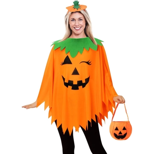 3PCS Women’s Halloween Pumpkin Costume – Includes Poncho, Headband & Bag for Adults
