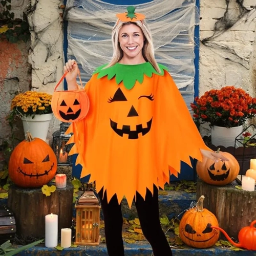 3PCS Women’s Halloween Pumpkin Costume – Includes Poncho, Headband & Bag for Adults