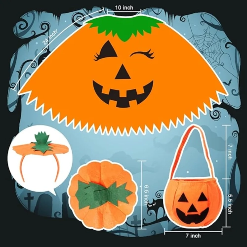 3PCS Women’s Halloween Pumpkin Costume – Includes Poncho, Headband & Bag for Adults