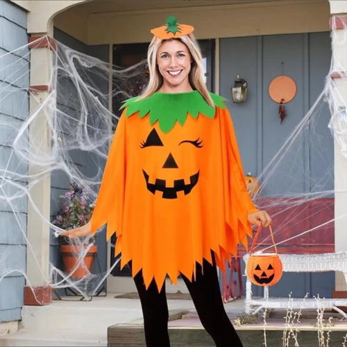 3PCS Women’s Halloween Pumpkin Costume – Includes Poncho, Headband & Bag for Adults