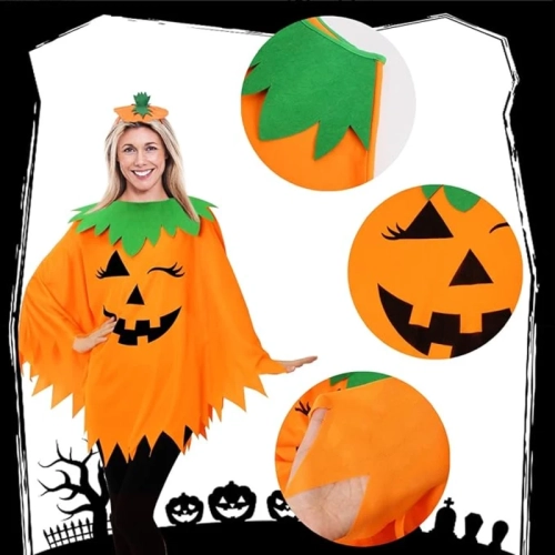 3PCS Women’s Halloween Pumpkin Costume – Includes Poncho, Headband & Bag for Adults