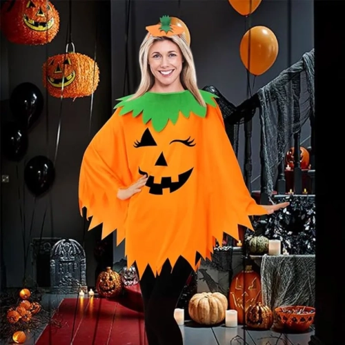 3PCS Women’s Halloween Pumpkin Costume – Includes Poncho, Headband & Bag for Adults