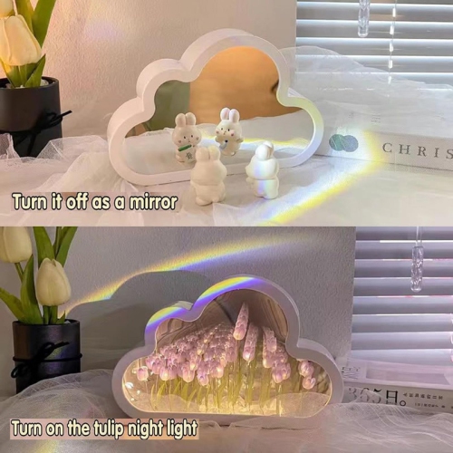 20 Flowers Cloud Mirror Tulip Lamp,DIY Handmade Tulip Night Light, Light and Mirror 2 in 1 Portable LED Bedside Lamps, Suitable for Couples, Friends,