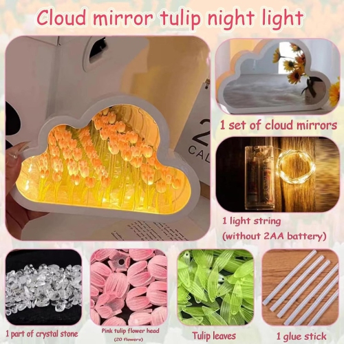 20 Flowers Cloud Mirror Tulip Lamp,DIY Handmade Tulip Night Light, Light and Mirror 2 in 1 Portable LED Bedside Lamps, Suitable for Couples, Friends,