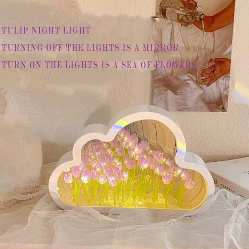 20 Flowers Cloud Mirror Tulip Lamp,DIY Handmade Tulip Night Light, Light and Mirror 2 in 1 Portable LED Bedside Lamps, Suitable for Couples, Friends,