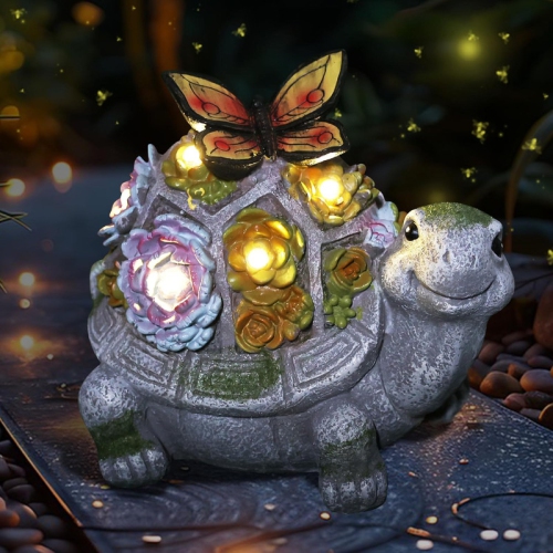 YOULIGHTS  Solar Garden Turtle, Outdoor Statue Decor Tortoise w Butterfly, Waterproof Outside Lawn Animal Ornaments for Patio Clearance Balcony