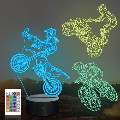 YOULIGHTS  Dirt Bike Gifts, 3D Illusion Motocross Night Light for Kids (3 Patterns) \w Remote Control & 16 Colors Changing & Dimmable Function