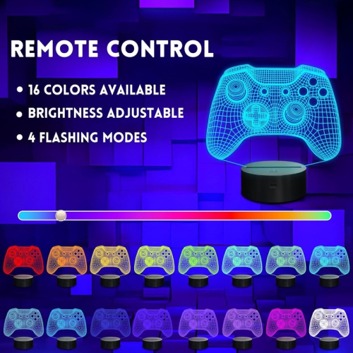3D Gamepad Illusion Lamp, LED Hologram Game Night Light with Remote Control 16 Color-Changing Timer, Creative Gift on Chrismas Day Birthday for