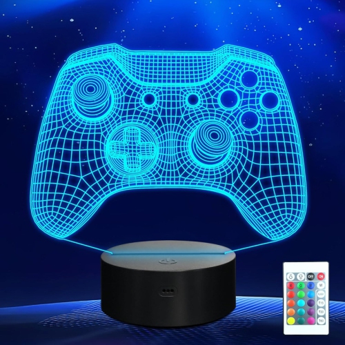 3D Gamepad Illusion Lamp, LED Hologram Game Night Light with Remote Control 16 Color-Changing Timer, Creative Gift on Chrismas Day Birthday for