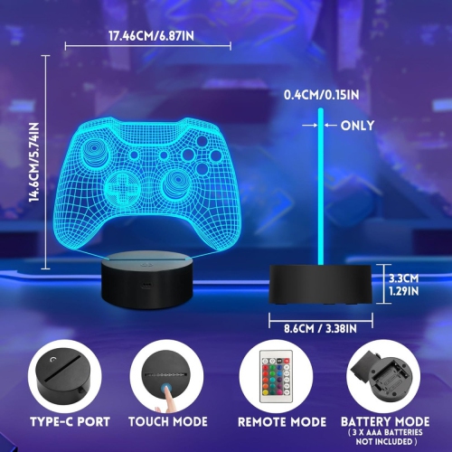 3D Gamepad Illusion Lamp, LED Hologram Game Night Light with Remote Control 16 Color-Changing Timer, Creative Gift on Chrismas Day Birthday for