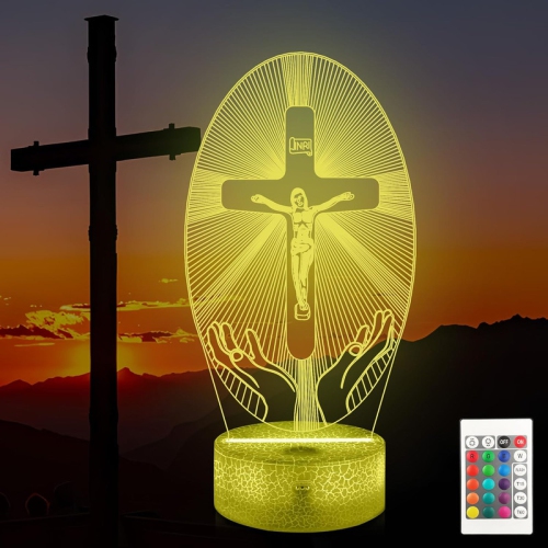 YOULIGHTS  3D Lamp, Optical Hologram Led Night Light, Illusion 16 Color Changing Remote Control Timer, Religious Christian Birthday Creative