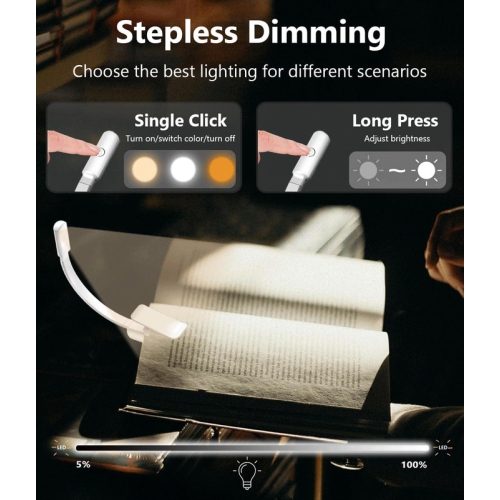 Reading Light for Books in Bed, Rechargeable Book Light with 3 Color & Stepless Dimming Brightness, Portable Clip On Light Reading Lamp Lampe de
