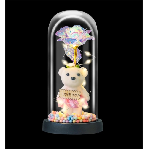 Galaxy Rose Flower Infinity Rose in Glass Dome with Led Light String on The Crystal Rose Unique for Mom Women, Christmas, Mother's Day, Anniversary