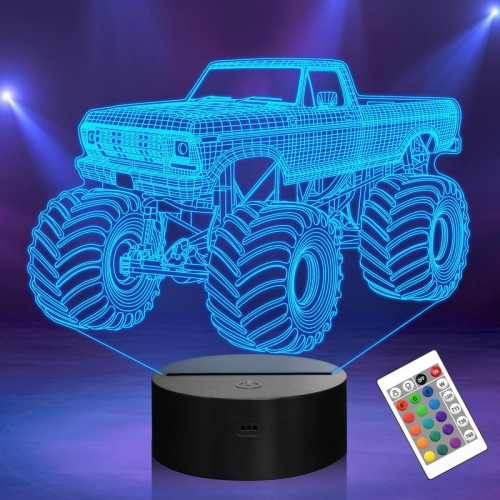 YOULIGHTS  Monster Trucks 3D Night Light for Kids Boys Gifts, Car Model Illusion Night Lamp \w 16 Colors Changing for Kids Bedroom Birthday Xmas Decor
