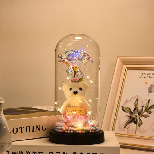 Galaxy Rose Flower Infinity Rose in Glass Dome with Led Light String on The Crystal Rose Unique for Mom Women, Christmas, Mother's Day, Anniversary