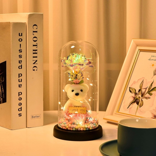 Galaxy Rose Flower Infinity Rose in Glass Dome with Led Light String on The Crystal Rose Unique for Mom Women, Christmas, Mother's Day, Anniversary