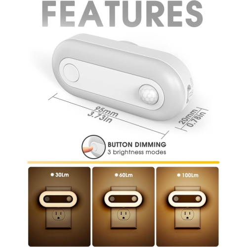 Night Lights Plug into Wall 2 Pack, LED Night Light with Dusk to Dawn Photocell Sensor and Motion Sensor, 3000K Warm White, Dimmable Nightlights