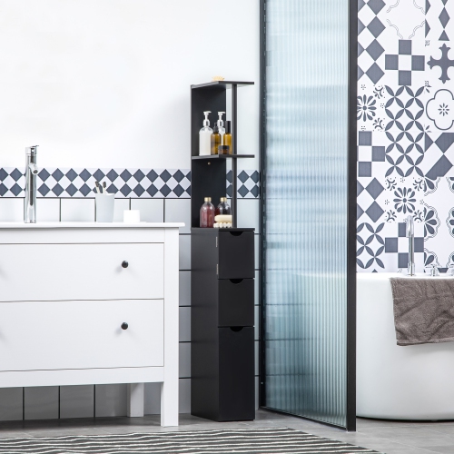 HOMCOM – Armoire de salle de bain étroite, armoire de rangement mince pour salle de bain avec tiroirs, armoire et tablettes ouvertes, armoire en lin,