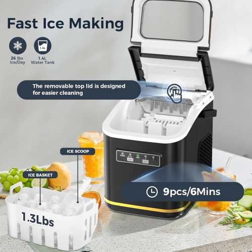 ZAFRO Portable Ice Maker Machine Countertop Small Compact Mini Bullet Ice Maker, Self Cleaning, 2 Size of Bullet ice Cubes, 9 Cubes in 6 Mins, Good