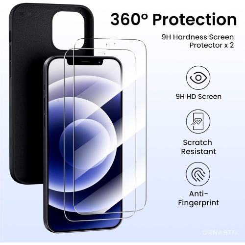 Étui ORNARTO pour iPhone 12 et iPhone 12 Pro 6.1&nbsp;po, avec 2 protecteurs d'écran + 2 protecteurs d'objectif d'appareil photo, gel de silicone
