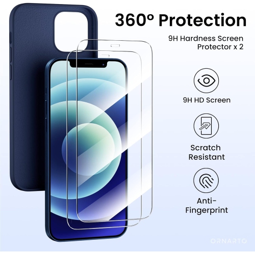 Étui ORNARTO pour iPhone 12 et iPhone 12 Pro 6.1&nbsp;po, avec 2 protecteurs d'écran + 2 protecteurs d'objectif d'appareil photo, gel de silicone