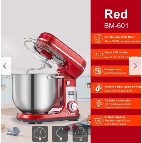 Batteur sur socle à 6 vitesses de 1200&nbsp;W avec bol en acier inoxydable et accessoires de 6&nbsp;L - Rouge