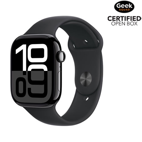 Boîte ouverte - Apple Watch Series 10 avec boîtier de 46 mm en aluminium noir de jais et bracelet sport noir - Petit/Moyen