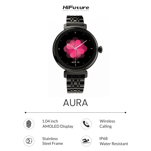 HiFuture – Aura Smartwatch – 1.04" AMOLED, Bluetooth Calling, 24 Sports Modes, Heart Rate, Blood Oxygen, Sleep Monitor, Menstrual Cycle, IP68,