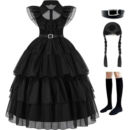 Girls Black Dress Up Costume Set – Includes Wig, Socks, and Belt for Halloween, Cosplay, and School Parties 4-12 years