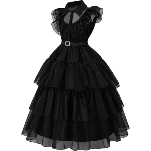 Girls Black Dress Up Costume Set – Includes Wig, Socks, and Belt for Halloween, Cosplay, and School Parties 4-12 years