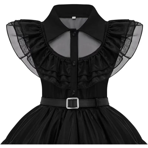 Girls Black Dress Up Costume Set – Includes Wig, Socks, and Belt for Halloween, Cosplay, and School Parties 4-12 years