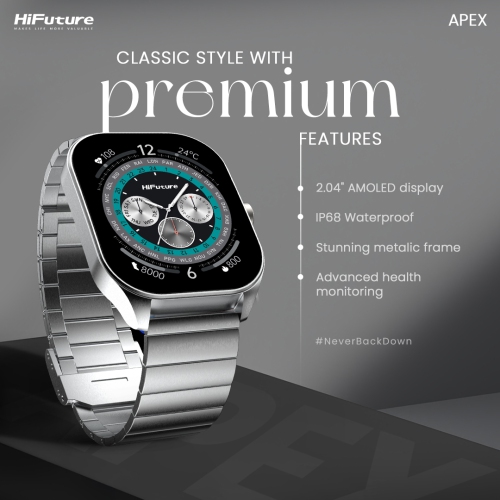 HiFuture – APEX Smartwatch – 2.04” AMOLED, Anti-Fingerprint, IP68 Waterproof, Bluetooth Calling, Heart Rate & Blood Oxygen, Sleep Monitor, Stainless