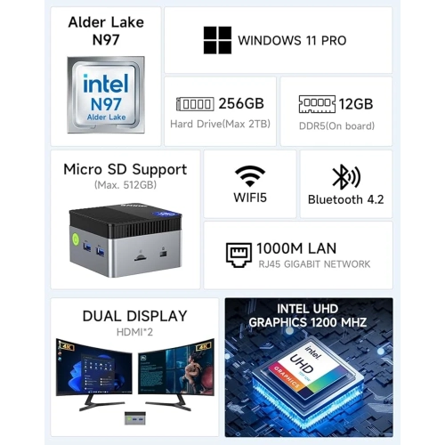 GMKtec Mini PC N97 with Windows 11 Pro – 12th Gen Intel Alder Lake