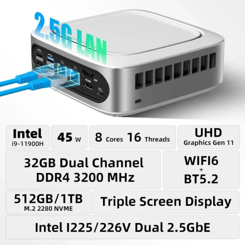 Mini PC with Intel Core i9-11900H – 32GB RAM, 1TB NVMe SSD, 4K Triple Display, WiFi 6, Dual 2.5G LAN