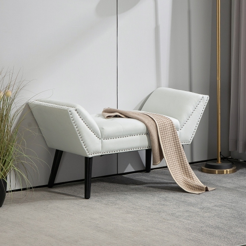HOMCOM Button Tufted Bedroom Entryway Bench, Linen Fabric Upholstered Ottoman Bench with Arms and Nailhead Trim for Living Room, Hallway, Cream White