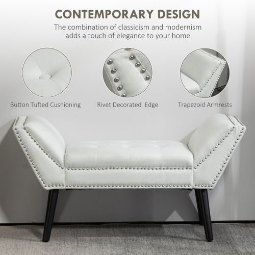 HOMCOM Button Tufted Bedroom Entryway Bench, Linen Fabric Upholstered Ottoman Bench with Arms and Nailhead Trim for Living Room, Hallway, Cream White