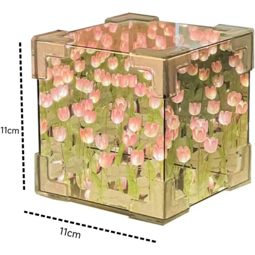 Handmade DIY Tulip Night Lamp, Cube Mirror Bedroom Tulip Night Lamp, 20 Flower Table Lamp and Mirror 2 in 1, Birthday Gifts for Women and Girls