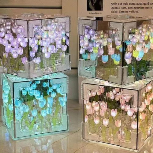 Handmade DIY Tulip Night Lamp, Cube Mirror Bedroom Tulip Night Lamp, 20 Flower Table Lamp and Mirror 2 in 1, Birthday Gifts for Women and Girls