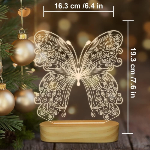 3D Optical Illusion Lamp Butterfly Night Light for Kids Baby Girl Bedroom Decor Gifts,Soft Warm White Colors Wooden Base Bedside Table Lamp