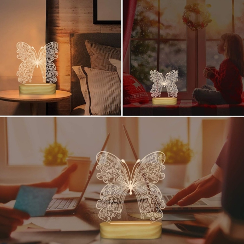 3D Optical Illusion Lamp Butterfly Night Light for Kids Baby Girl Bedroom Decor Gifts,Soft Warm White Colors Wooden Base Bedside Table Lamp