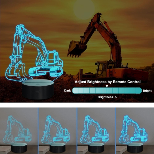 Veilleuse excavator, lampe de Digger 3D Illusion, pour enfants avec télécommande changeante de 16 couleurs, décoration de chambre à coucher Cadeaux