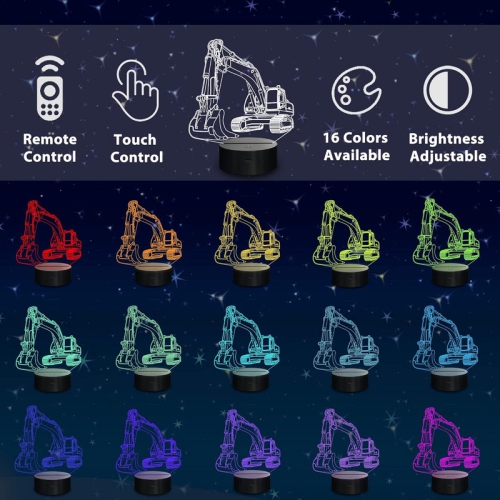 Veilleuse excavator, lampe de Digger 3D Illusion, pour enfants avec télécommande changeante de 16 couleurs, décoration de chambre à coucher Cadeaux