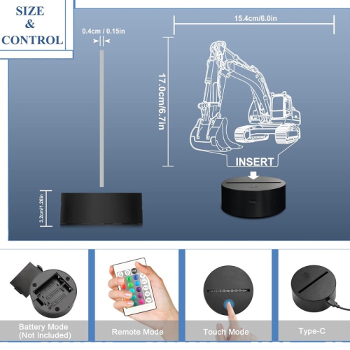 Veilleuse excavator, lampe de Digger 3D Illusion, pour enfants avec télécommande changeante de 16 couleurs, décoration de chambre à coucher Cadeaux