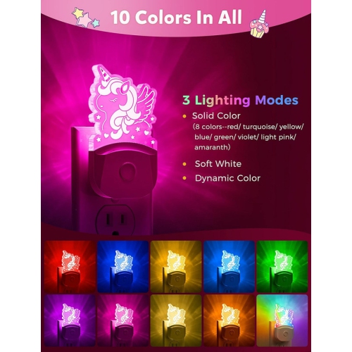 Cute Night Light for Kids [2 Pack], Plug in Night Light, 8 Color Changing Baby Night Light with Dusk to Dawn Sensor, Nightlights for Children, LED