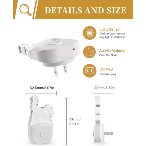 Cat Night Light [2 Pack], Color-Changing Kids Night Light, Plug In, Dusk-To-Dawn Sensor, Baby Night Light, 8-Color RGB, Rainbow LED Night Light