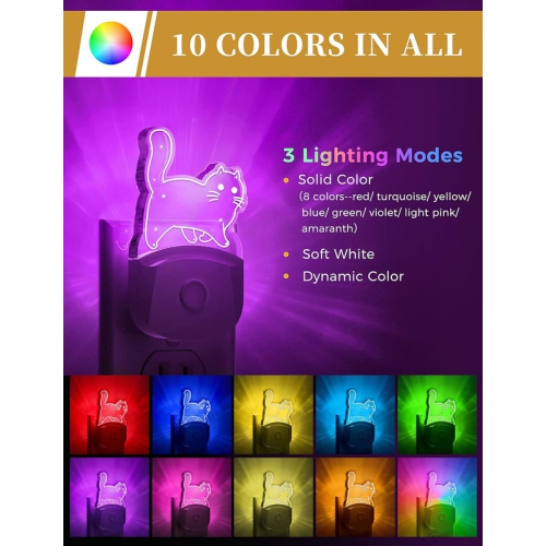 Cat Night Light [2 Pack], Color-Changing Kids Night Light, Plug In, Dusk-To-Dawn Sensor, Baby Night Light, 8-Color RGB, Rainbow LED Night Light