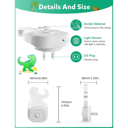 Dinosaur Night Light for Kids [2 Pack], 8 Color Changing Plug in Night Light for Kids, Baby Night Light with Dusk to Dawn Sensor, Night Light